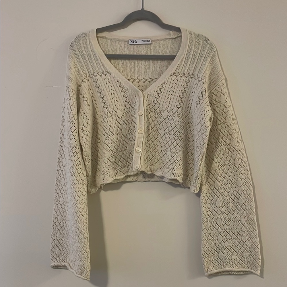 Zara Cream Cardigan with Intricate Knit and Bell Sleeves